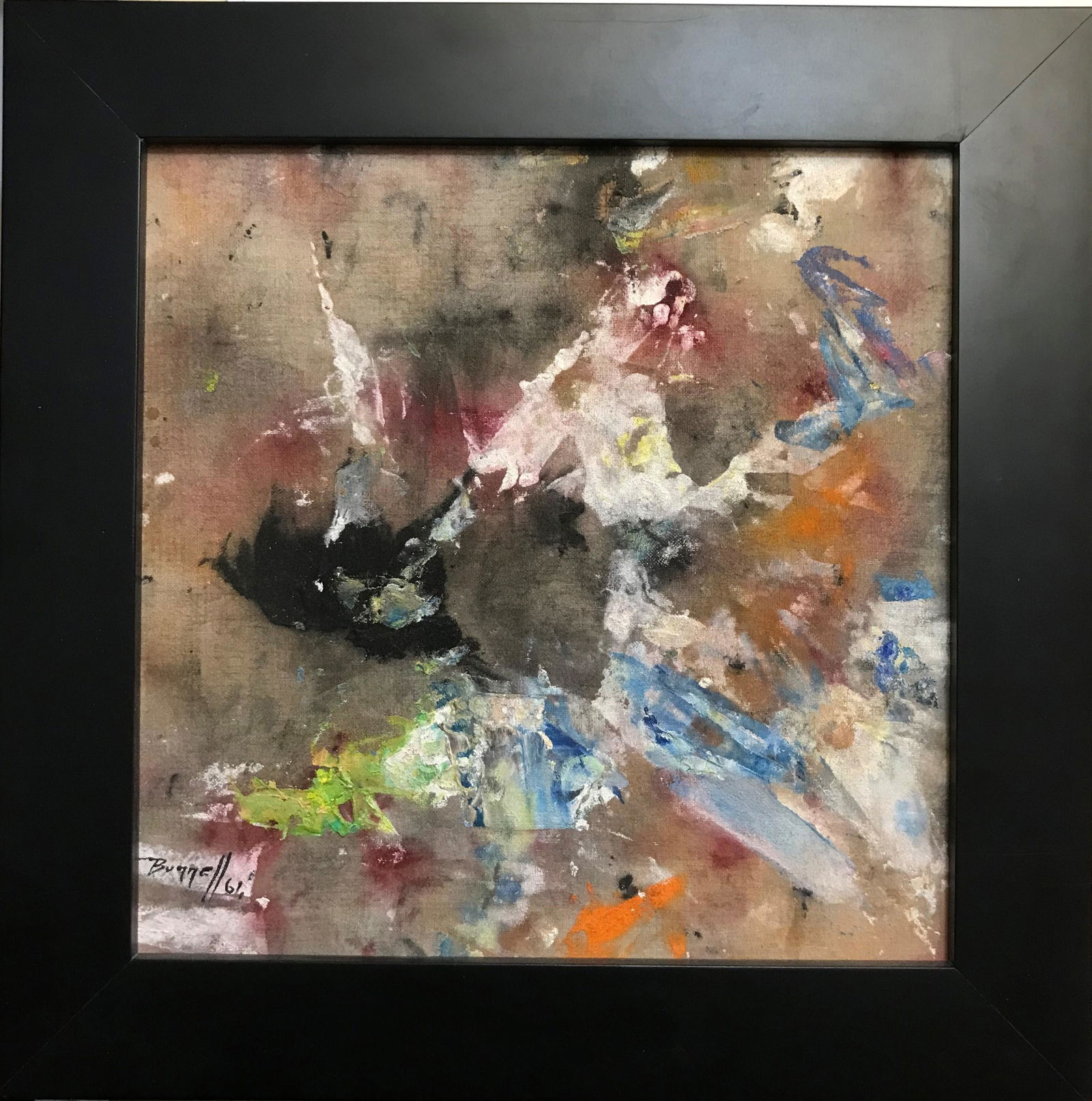 Charles Bunnell (CO, KS, MO, 1897-1968) Abstract on: A small abstract oil on linen laid to masonite panel, size: 7 1/4 in. square sight, 9 3/4 in. square framed, signed and dated lower left, condition excellent, not examined out of frame.