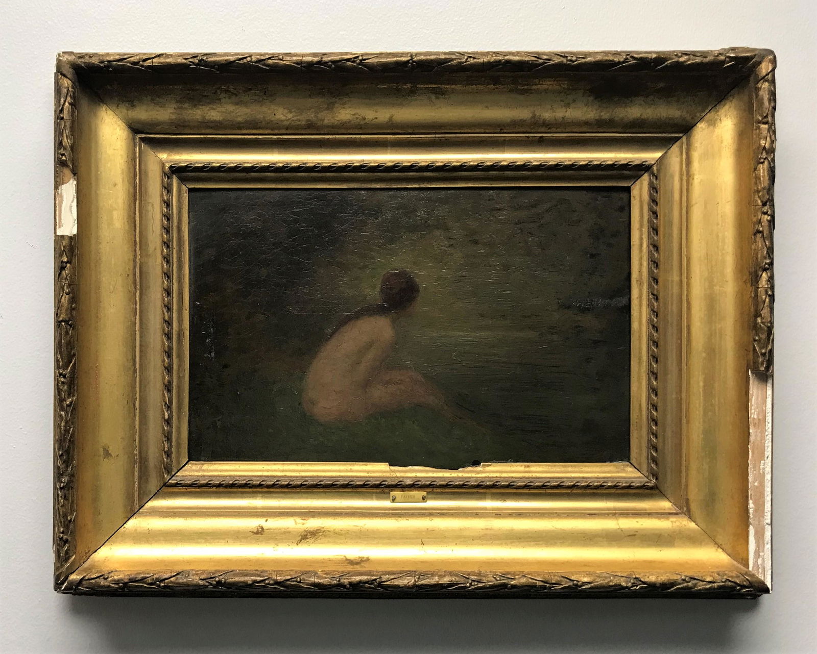 Clement Faller (French, 1819 - 1901) Tonalist Painting: An oil on wood board, tonalist painting of a nude by a lake by Clement Faller, not signed on front but brass name plate on front inscribed "Faller" and printed in pencil on the back "Clement Faller",