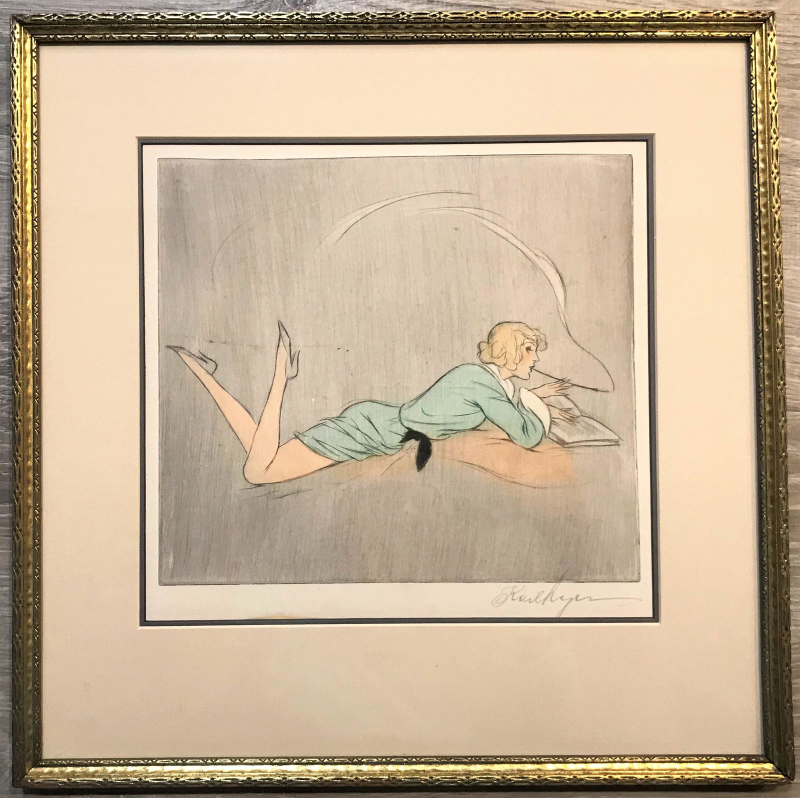Korl Meyer Hand Colored Etching, "Resting Girl". (1 of 5)