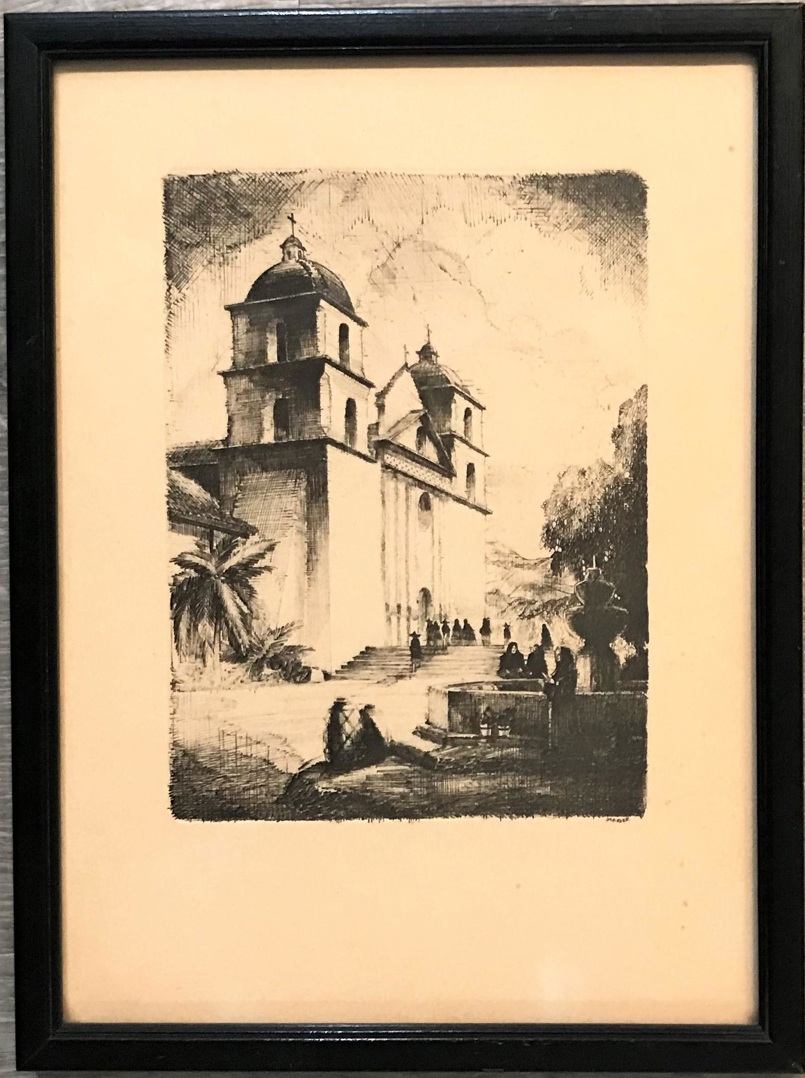 A. F. Mettel Etching of Santa Barbara Mission, c. 1920. (1 of 4)