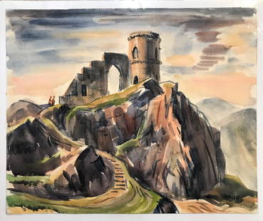 John Walsh (1907-1994) "Mow Cop" Ruins, England, WC.: Watercolor on paper by John Walsh (1907-1994) of "Mow Cop" England, 14 1/2 in. x 18 in., signed lower right, Provenance: Ford Times Art Collection for Schools. Mow Cop is a village on the Cheshire-Sta