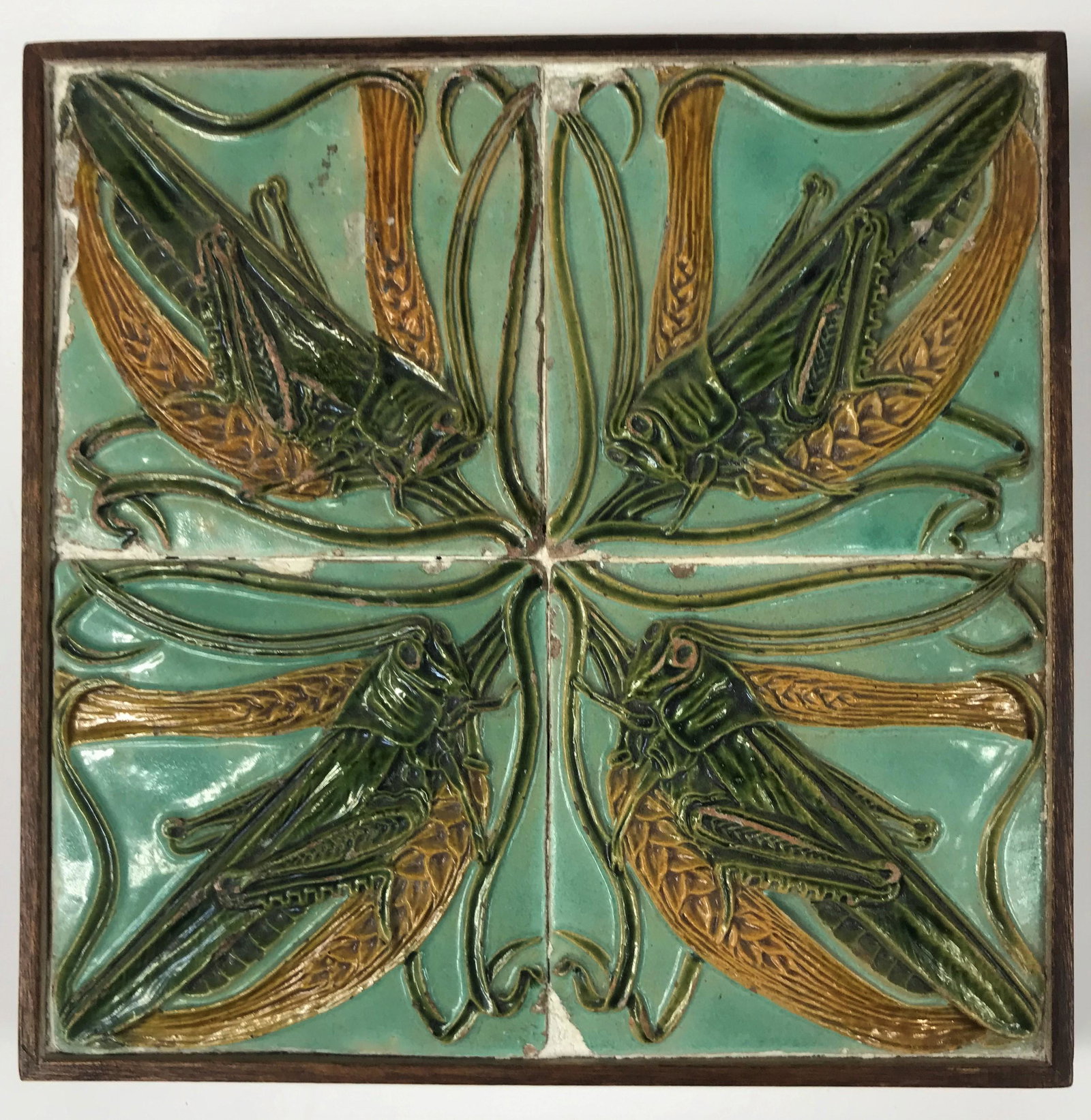 Set of Four Antique Art Nouveau Majolica Tiles. (1 of 3)