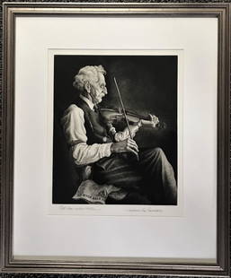 Jackson Lee Nesbitt (1913-2008) "Old Man with a Violin".: Etching, edition of 112, dated 1955, signed lower right, size 12 3/4 in. x 10 5/8 in., framed to 23 in. x 19 in.. Thomas Hart Benton sat as the model for this famous print. Fresh from a Denver area es