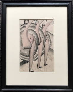 Charles Ragland Bunnell (CO 1897-1968) "Can Can Dancers", 1945.: A watercolor and graphite, modernist depiction of a chorus line of stylinzed "Can Can" dancers rendered in graphite with flesh, grey and black watercolor tones, dated 1945, 10 1/2 in. x 7 in. sight, 1