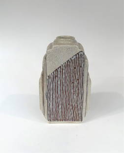 Louis Fontinelle (French 1886-1964) Art Deco Stepped Vase, c. 1930.: A wonderful, art deco vase with a three dimensional series of stepped sides by French ceramic master Louis Fontinelle. The design incorporates an overall white crackle glaze with a raised, textured wh