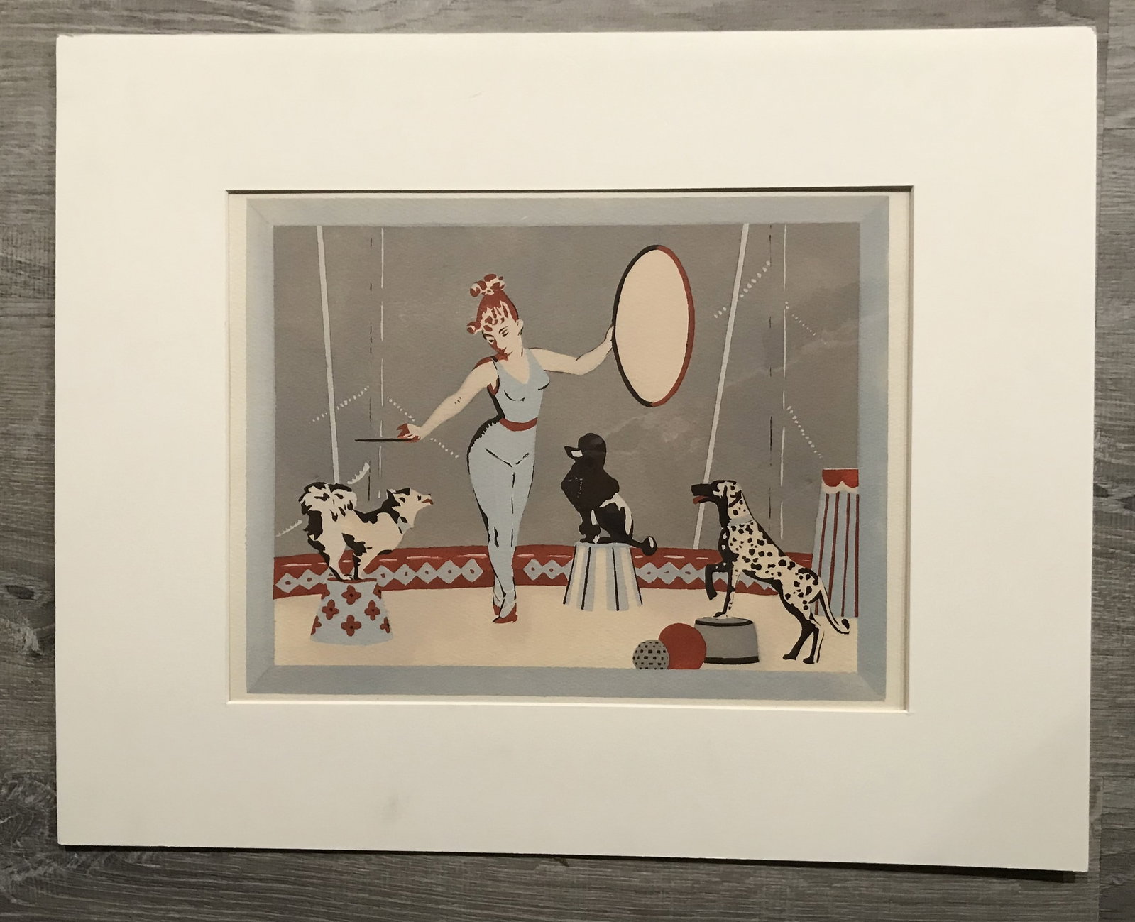 Andree Ruellan (1905-2006) "Dog Circus", c. 1936.: A stencil print by Andree Ruellan (1905-2006) issued by American Artists Group, 1936, unsigned, size 9 3/4 in. x 12 1/2 in., matted to 16 in. x 20 in., excellent condition.