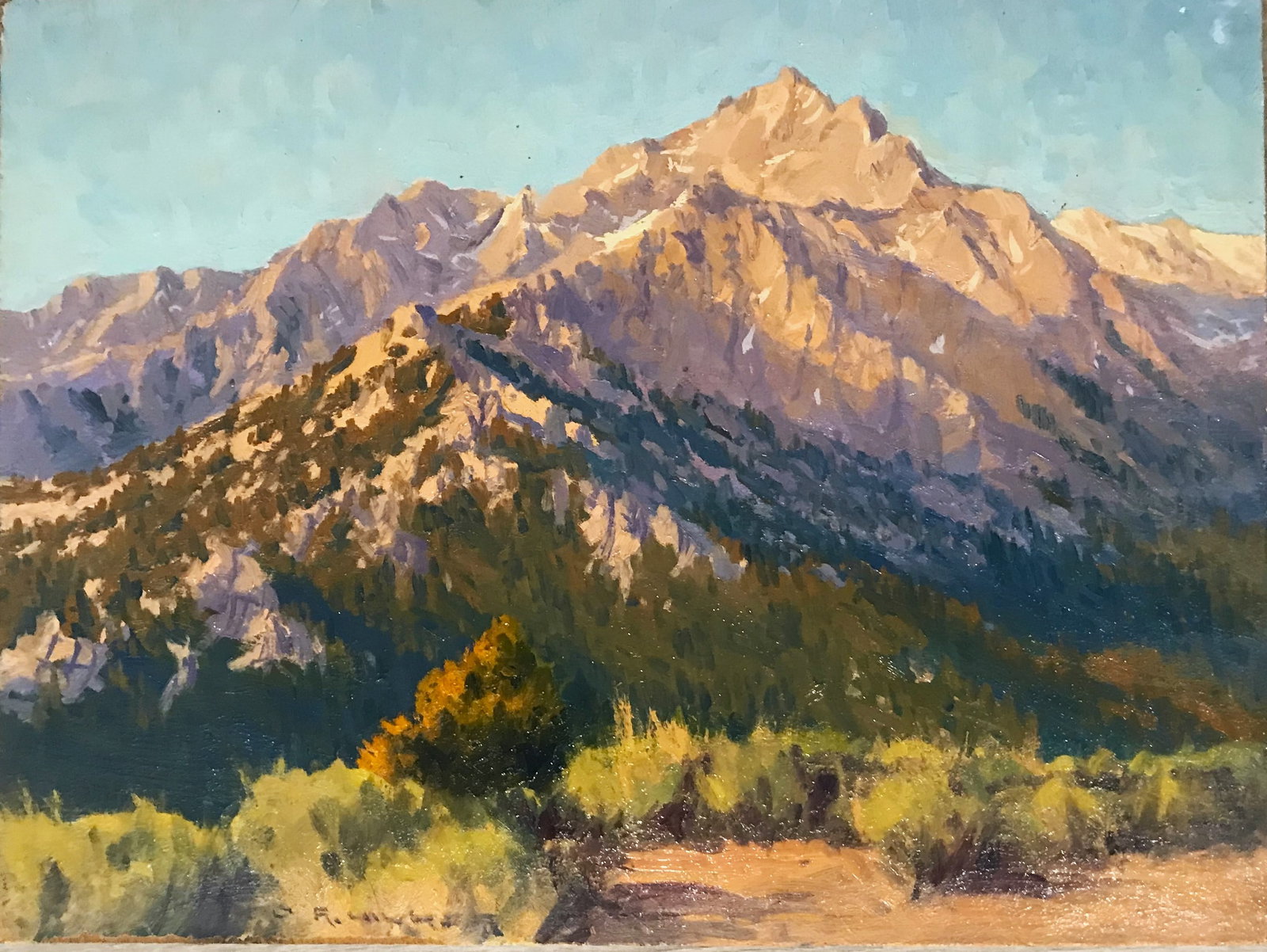 Rich Hilker (CO, NH 1945-1996) "Colorado Rockies; Oil on Board.: Colorado Mountains landscape by Rich Hilker (1945-1996), size 18 in. x 24 in., unframed, excellent condition.