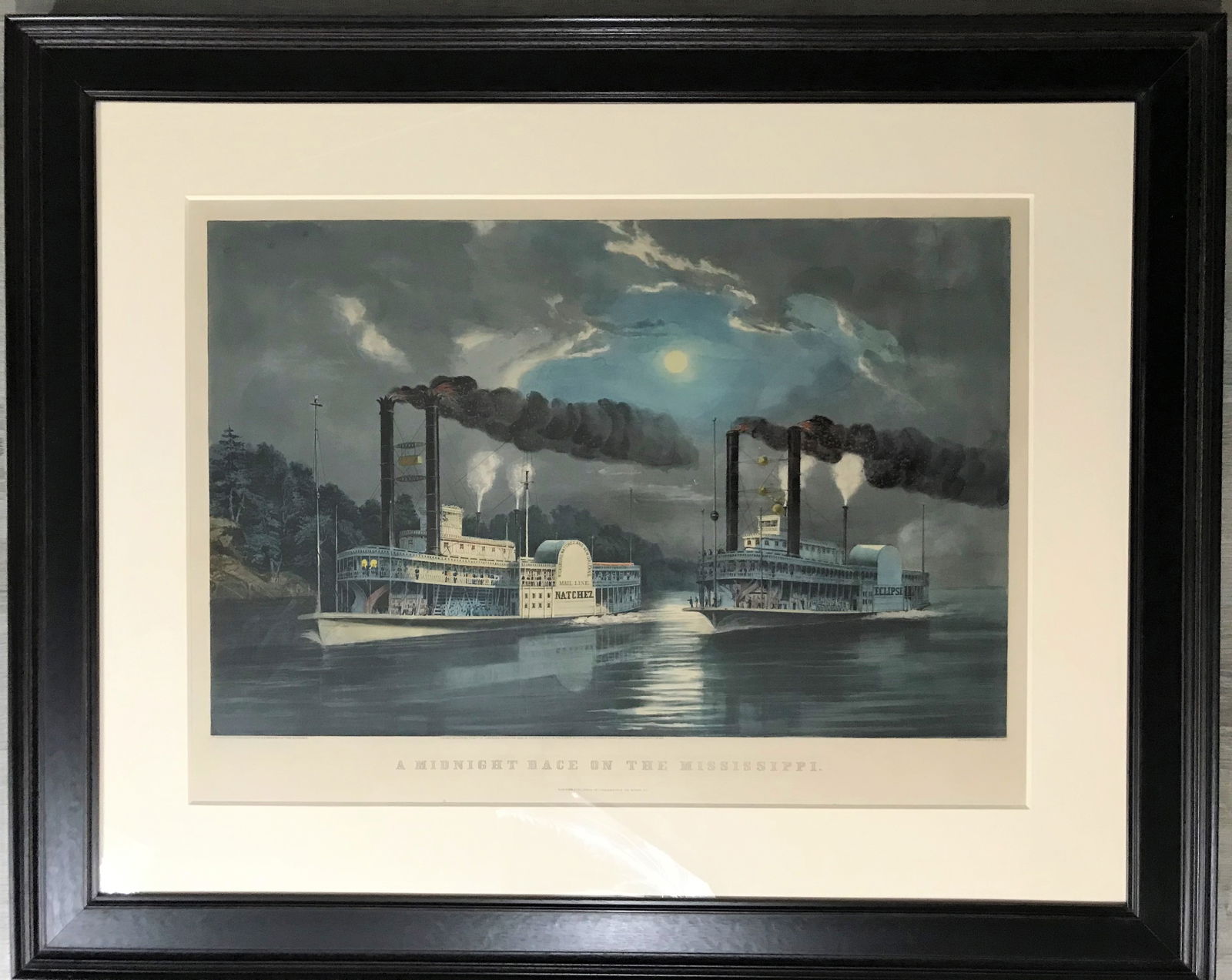 Currier and Ives, Large Format Hand Colored Lithograph, "A Midnight Race on the Mississippi". (1 of 5)