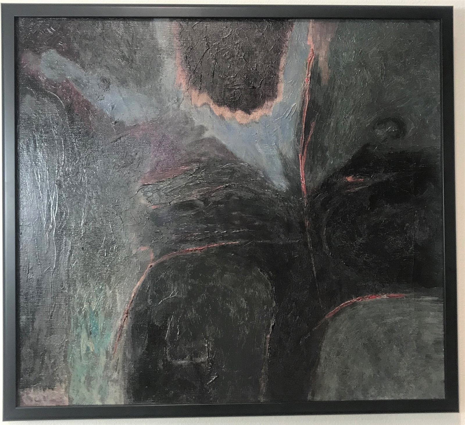 Edward A. Chavez (CO, NY, NM, 1917-1995) "Cataclysm", dated 1959.: Abstract oil on canvas by Edward Chavez, titled "Cataclysm" and dated 1959, size: 18 1/4 in. x 20 in., 19 in. x 21 in. framed, indistinctly signed lower left, signed on canvas on back, old exhibition 