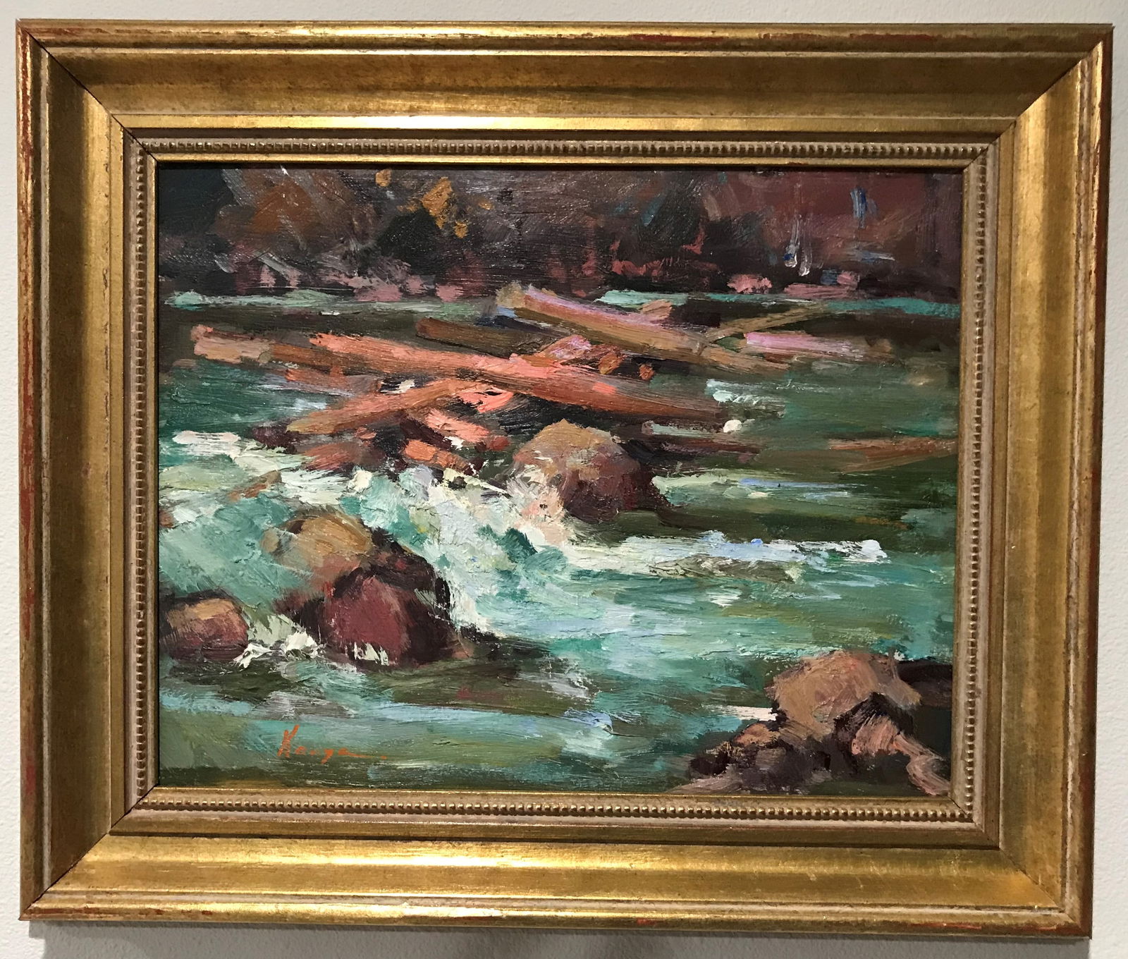 Kanya Bugreyev (CA, 1936-2019) “Bear Creek, Yosemite”, Oil on Board.: Impressionist landscape on Masonite board by Kanya Bugreyev (Bugreeff) of Bear Creek in Yosemite National Park, 11 in. x 14 in., framed to 15 1/2 in. x 18 1/4in, signed lower left, excellent condition