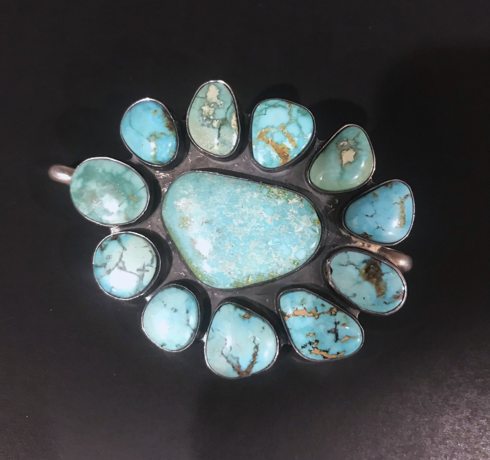 Navajo Sterling Silver and Turquoise Buckle, c. 1990.: A nice Navajo sterling silver and Turquoise Buckle, size: 2 5/8 in. x 3 in., Hallmarked with interlocking "JF" in gothic type, excellent condition.
