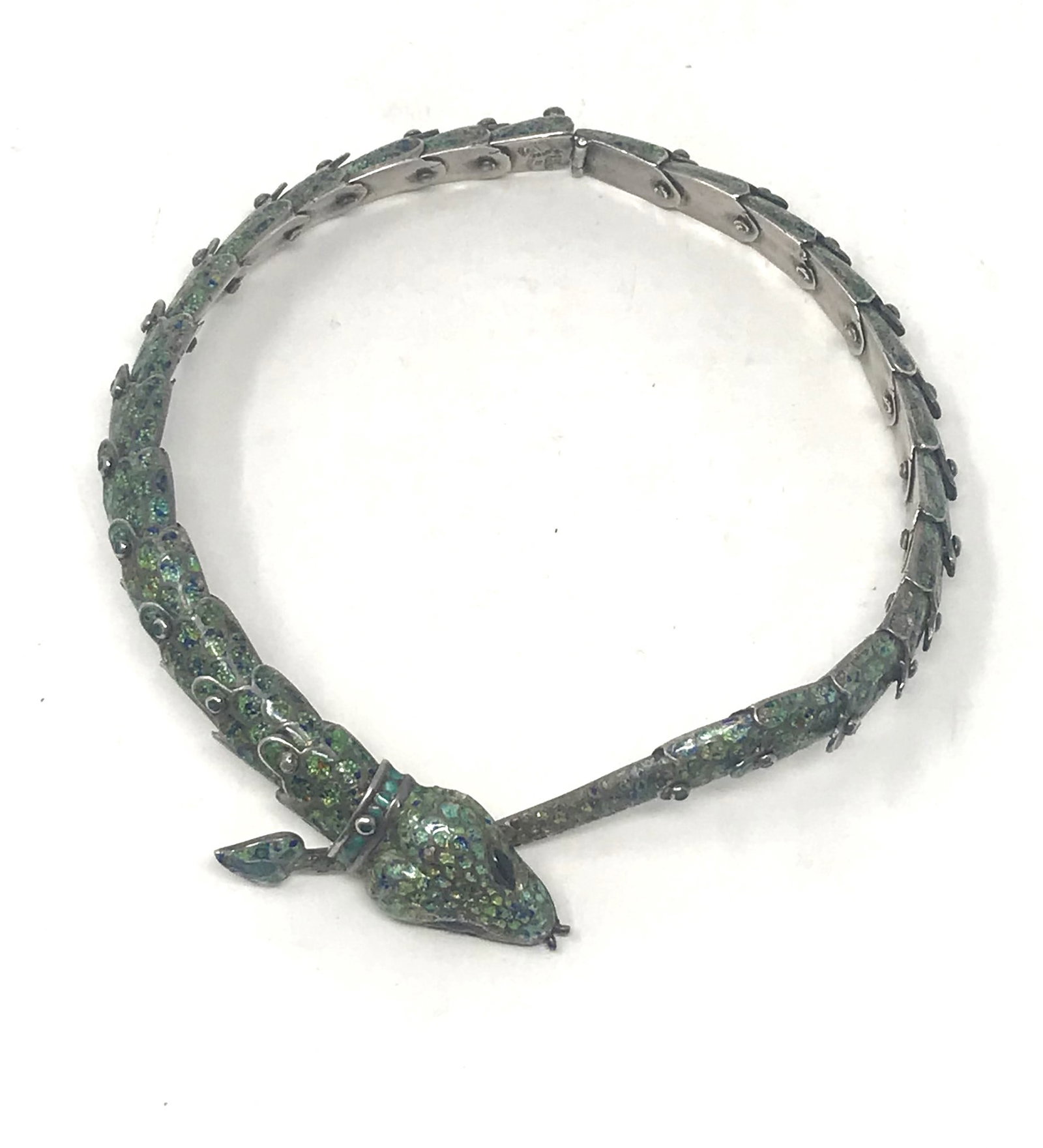 Set of Mexican (Taxco) Sterling Silver Articulated Necklace and Amethyst Earrings, c. 1940's.: A nice collection of Mexican jewelry, including a quality Sterling silver and mosaic articulating necklace Hallmarked "Margo de Taxco 5554", in the form of a serpent, and a pair of hand hammered silve