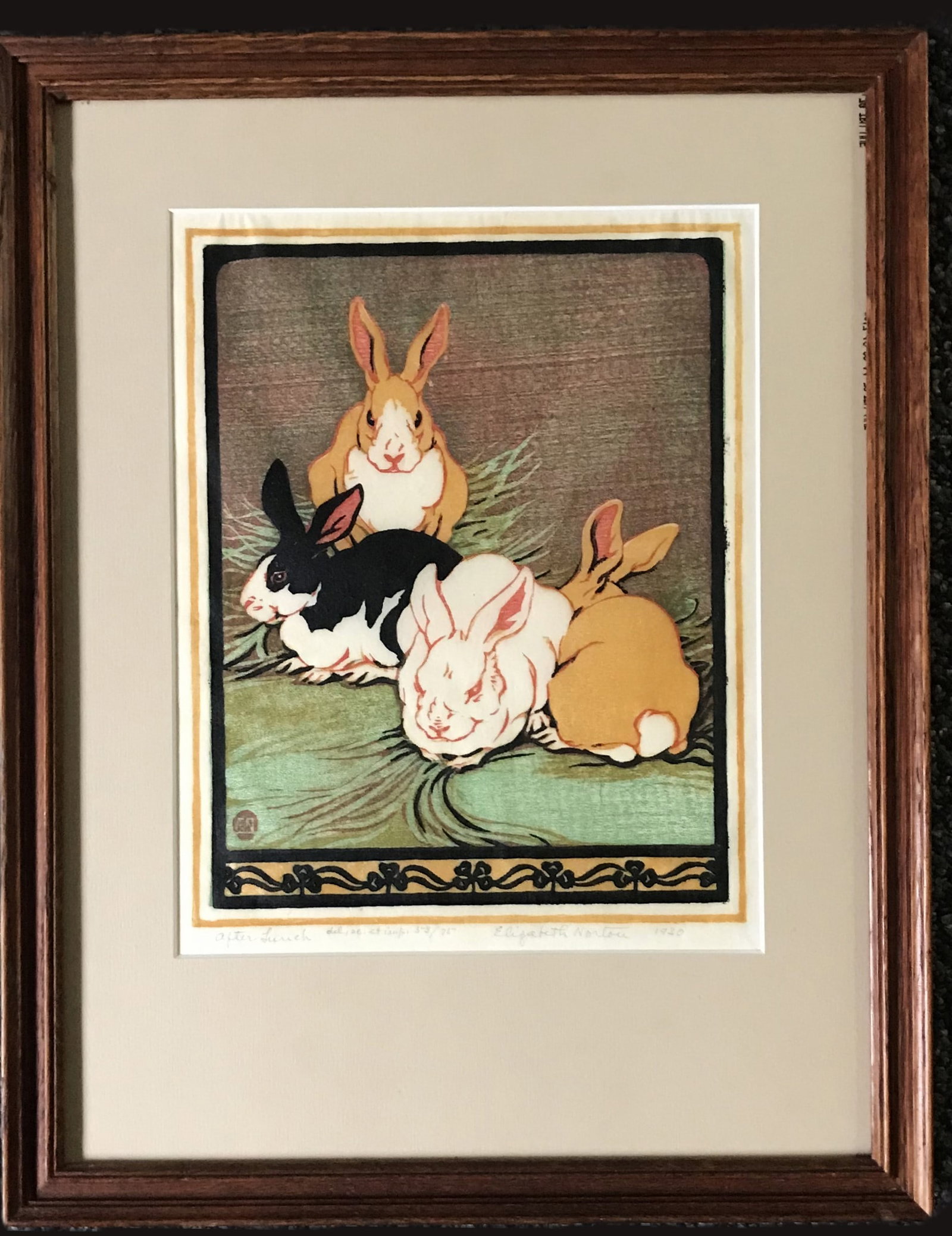 Elizabeth Norton (1887-1985) "After Lunch", 1930.: A color wood block print by Elizabeth Norton (1887-1985), titled "After Lunch", dated 1930. Signed and dated lower right, size: 9 in. x 7 in., framed to 14 in. x 11 in., excellent condition, not exami