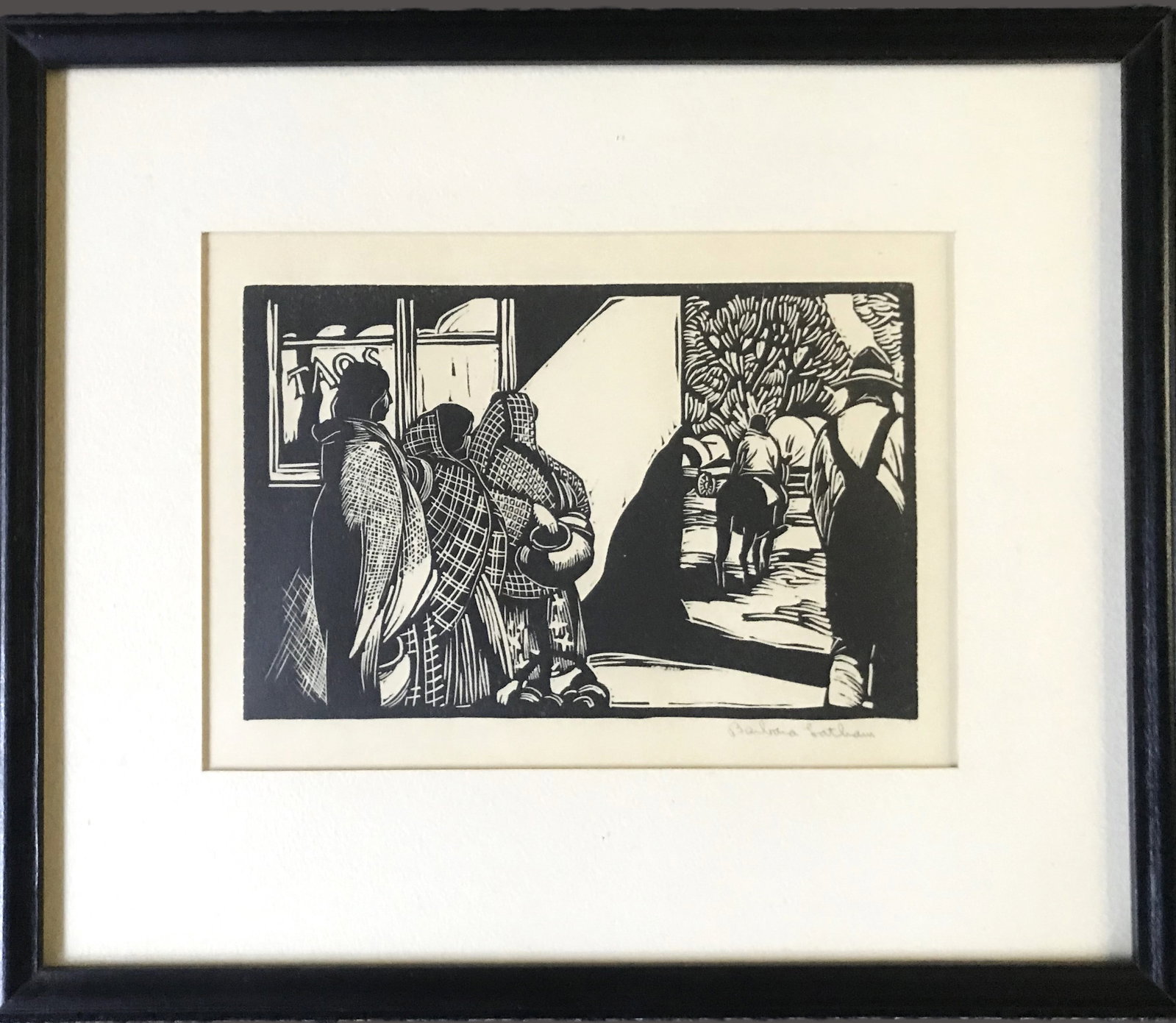 Barbara Latham (1896 - 1989) "Taos Street Scene".: A wood cut by Barbara Latham of a Taos Street Scene, from an edition of 25, signed in pencil lower right, size: 4 1/2 in. x 6 1/4 in., framed to 10 in. x 11 1/2 in.