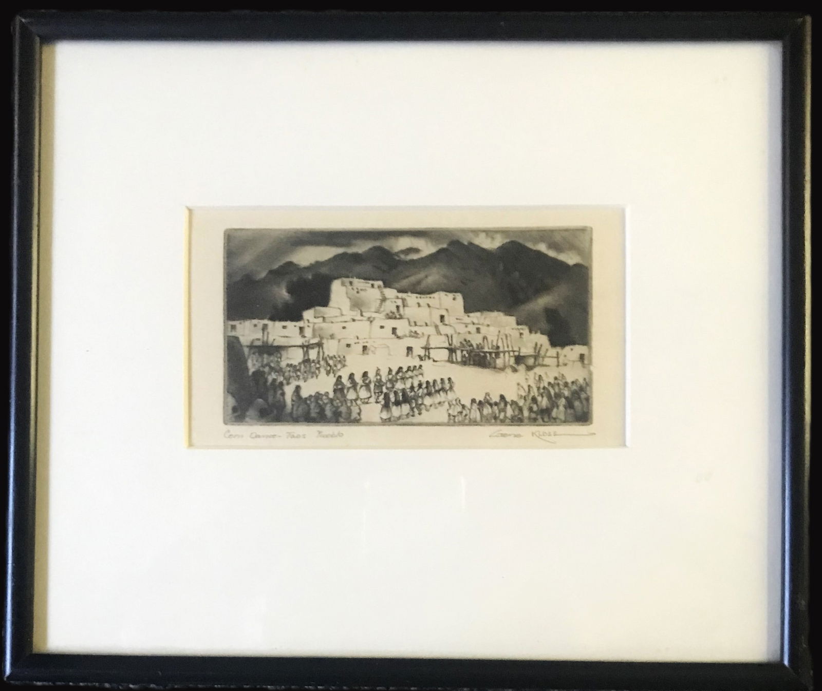 Gene Kloss (1903-1996) "Corn Dance - Taos Pueblo", 1943.: A scarce etching with aquatint by New Mexico artist Gene Kloss (1903-1996) titled, "Corn Dance Taos Peublo", 1943, size: 2 3/4 in. x 5 in.sight, framed to 9 1/4 in. x 10 7/8 in., edition of 50, signed