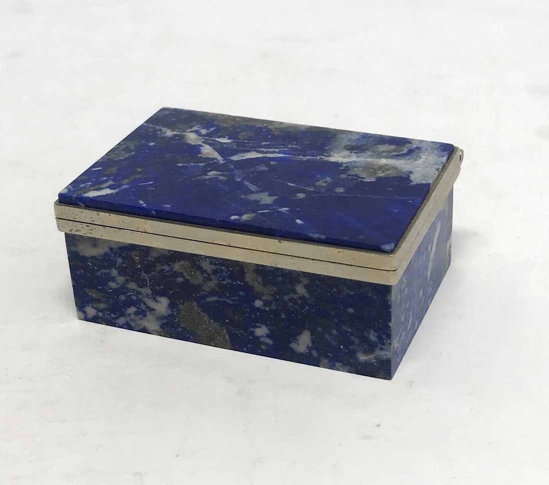 Lapis Lazuli Trinket Box by Morita Gil.: A vintage Morita Gil trinket box made of Chilean Lapis, metal hinged, signed on hinge, size: 1 in. height x 1 1/4 in. width x 2 1/4 in. length, excellent condition.