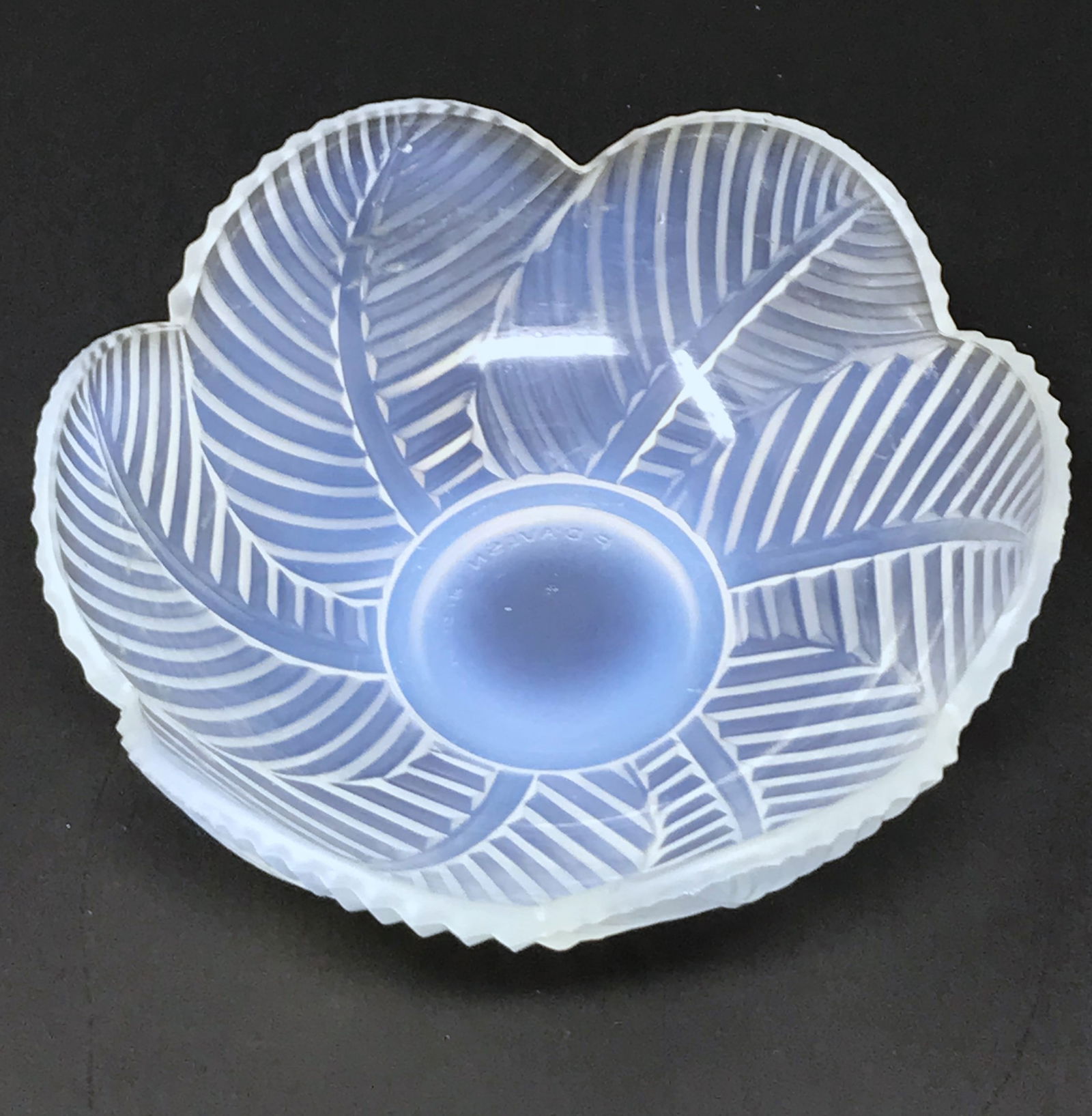 Pierre D'Avesen (French 1901-1990) Modeled Leaf Bowl.: A Pierre D'Avesen Art Deco opalescent footed glass bowl in modeled leaf design, 5 1/4 in. diameter, raised mark on bottom "P D'Avesn Made in France". Pierre D'Avesen is a pseudonym of Pierre Girre (Fr