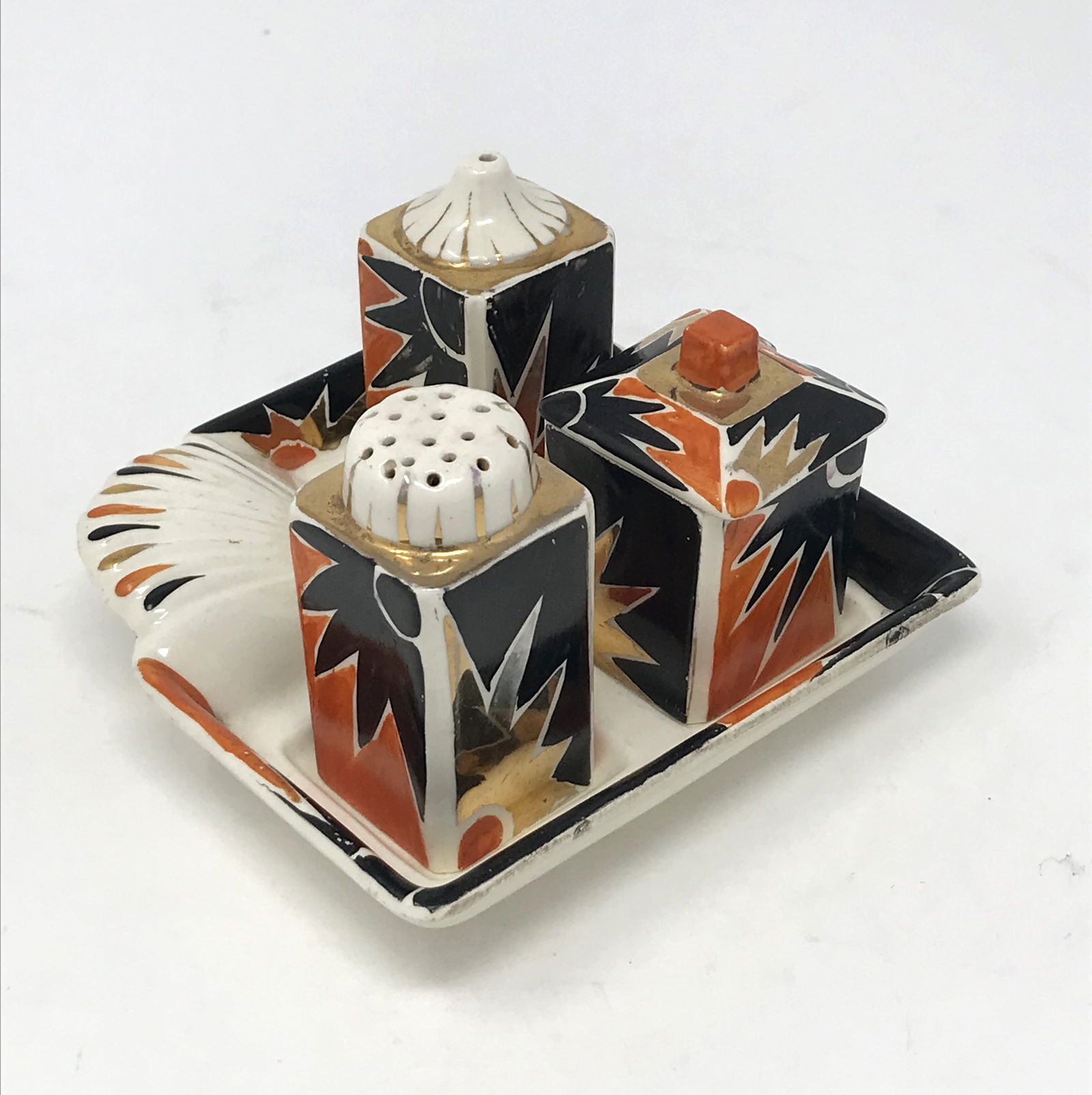 Art Deco, Hand Painted Staffordshire Salt & Pepper Set c. 1930.: A four piece, hand painted, Art Deco style Kitchen set by Staffordshire potters "Hancock & Sons". Set consists of compartmented tray, salt & pepper shakers, and lidded sugar, size: tray 5 in. x 4 7/8
