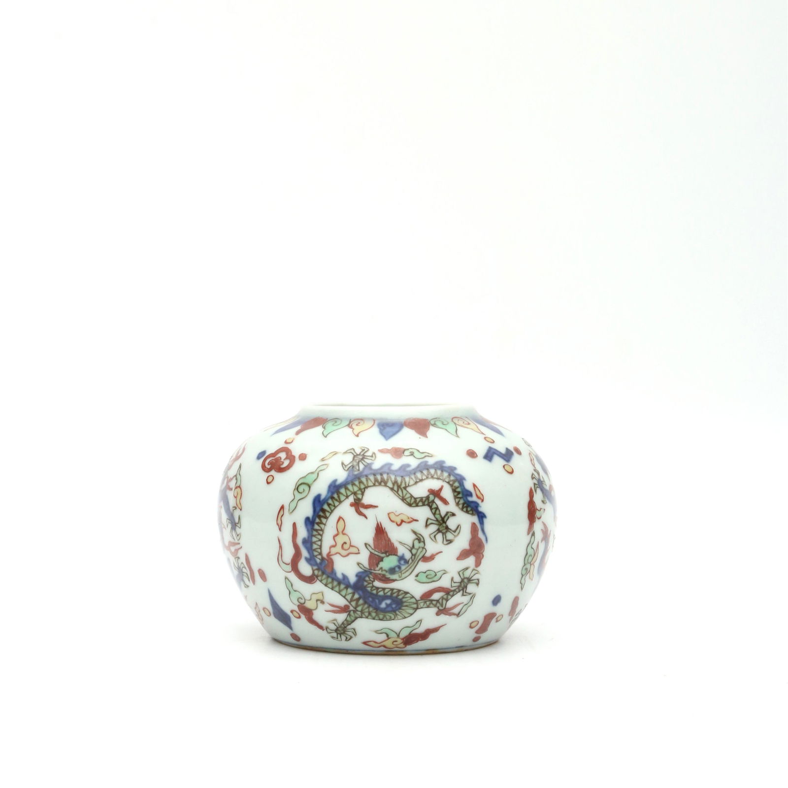 A Famille Verte Dragon Pattern Porcelain Water Pot: A Famille Verte Dragon Pattern Porcelain Water Pot Height:6.5cm, Width:9cm, From the private collection of Mr. Asakawa's grandfather, a Japanese who has always great passion and excitement on collecti