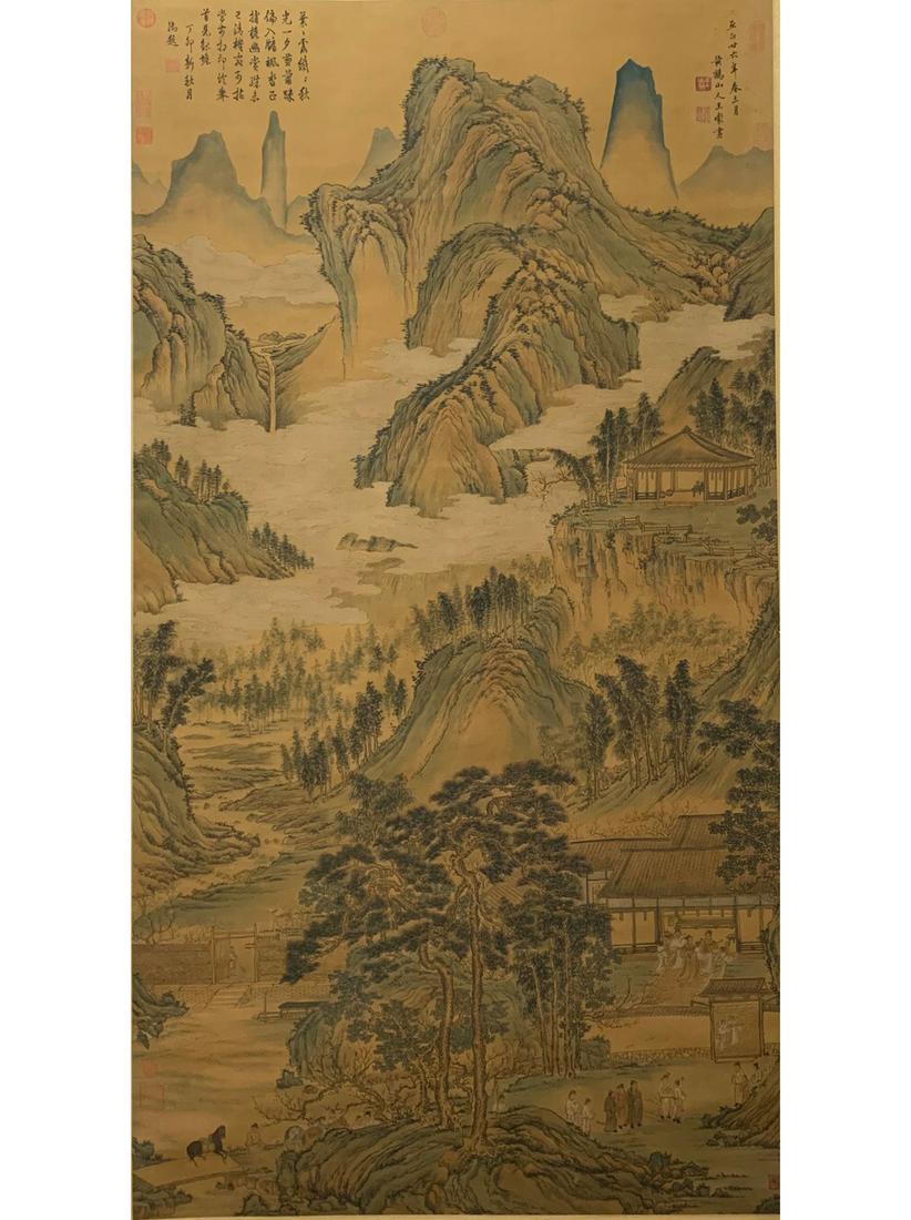 A Chinese Landscape Figures Painting Silk Scroll, Wang: A Chinese Landscape Figures Painting Silk Scroll, Wang Meng Mark Height:180cm, Width:95cm,