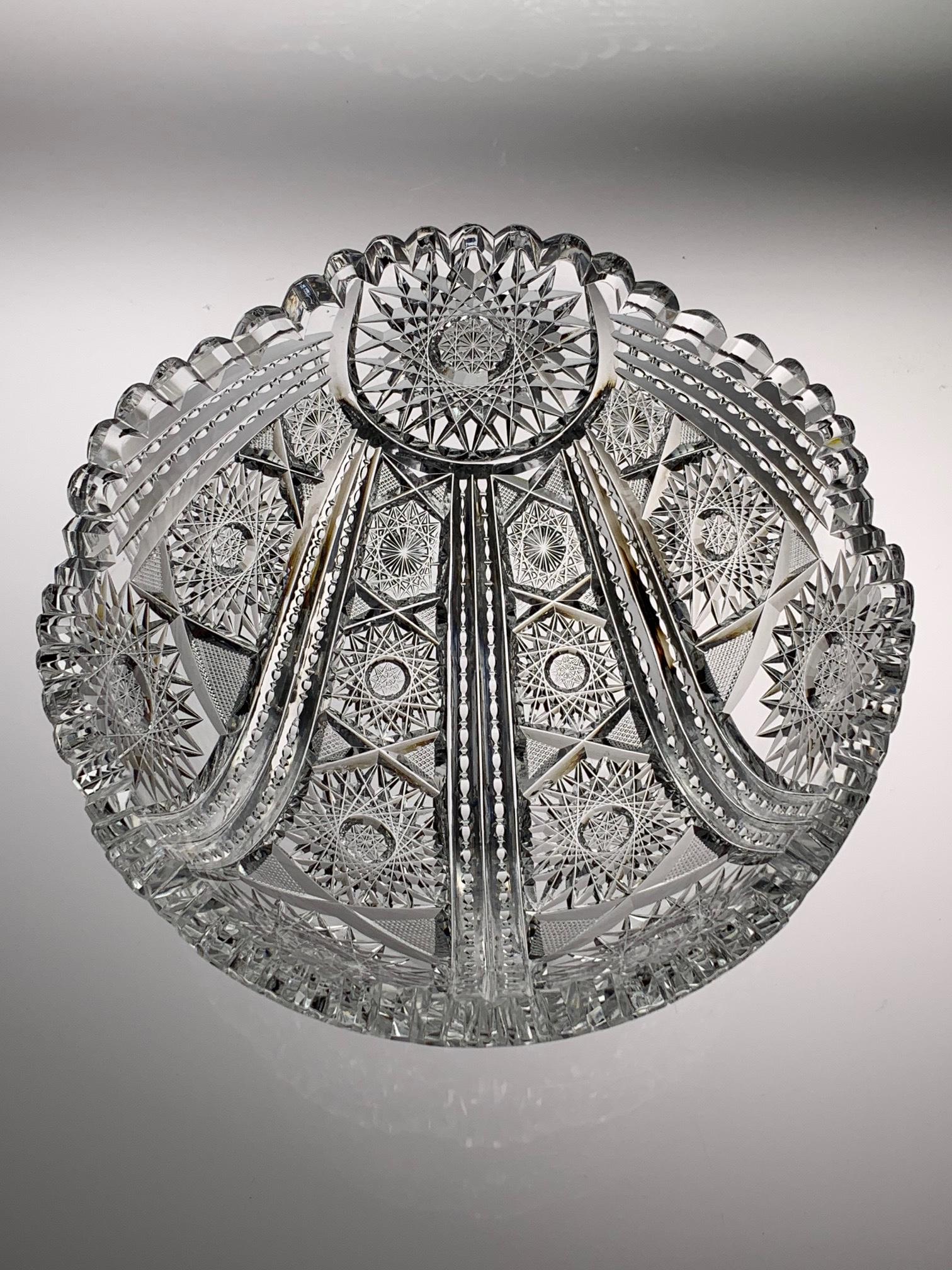 Ohio Cut Glass Co. Bowl in Palm Leaf Fan Pattern: American Brilliant cut glass bowl with a seashell design. This Palm Leaf Fan pattern was one of the rarest cut by the Ohio Cut Glass Co. This pattern was patented on April 5, 1904. Approx. dimensions: