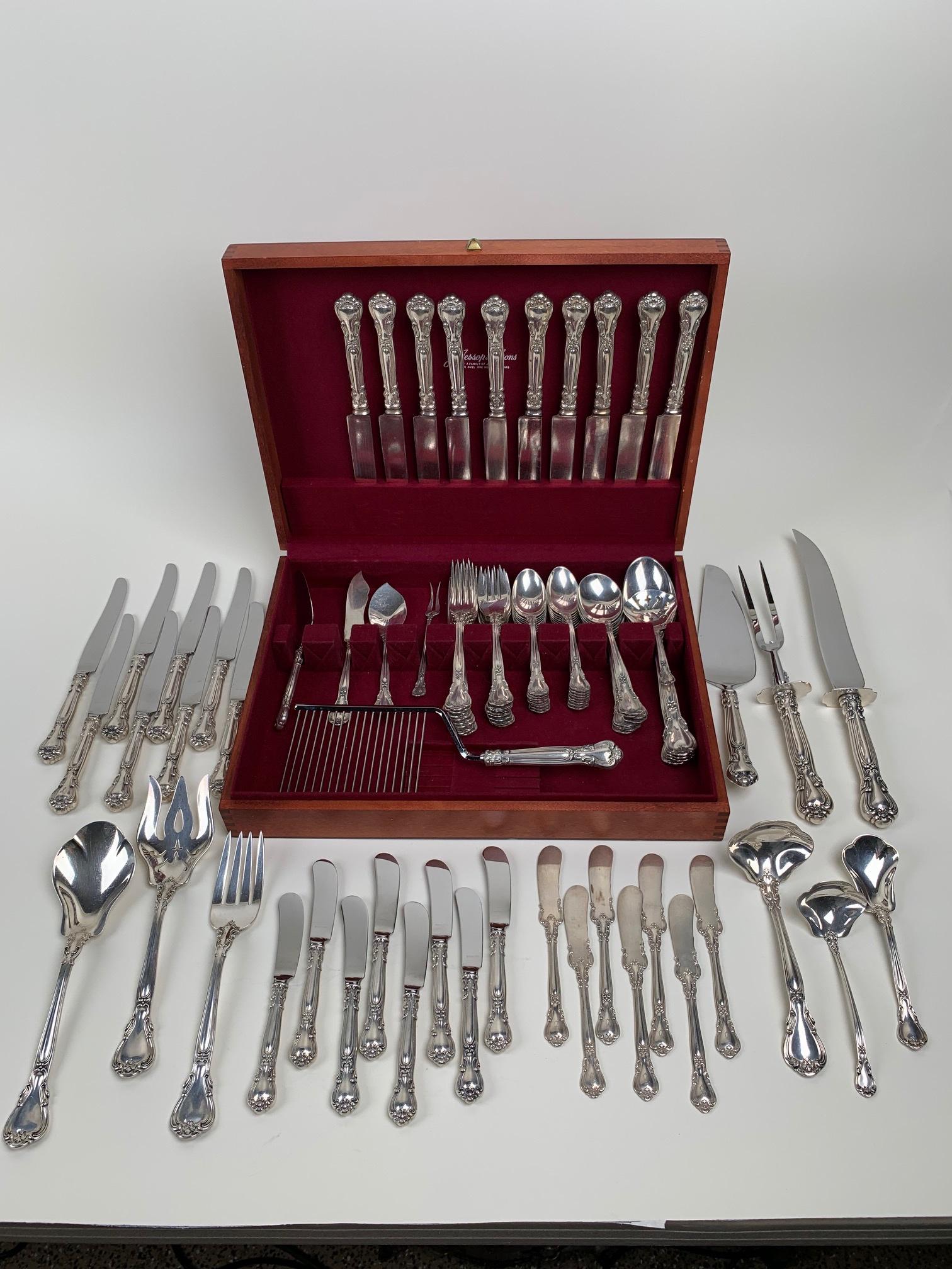 Gorham Chantilly Sterling Flatware 91 Pieces: This is a large 91 piece set of sterling flatware. Service for 8 with 18 serving pieces. Having various marks for Gorham sterling. Chantilly pattern. Consists of 8 each 7" dinner forks, 6.5" salad for