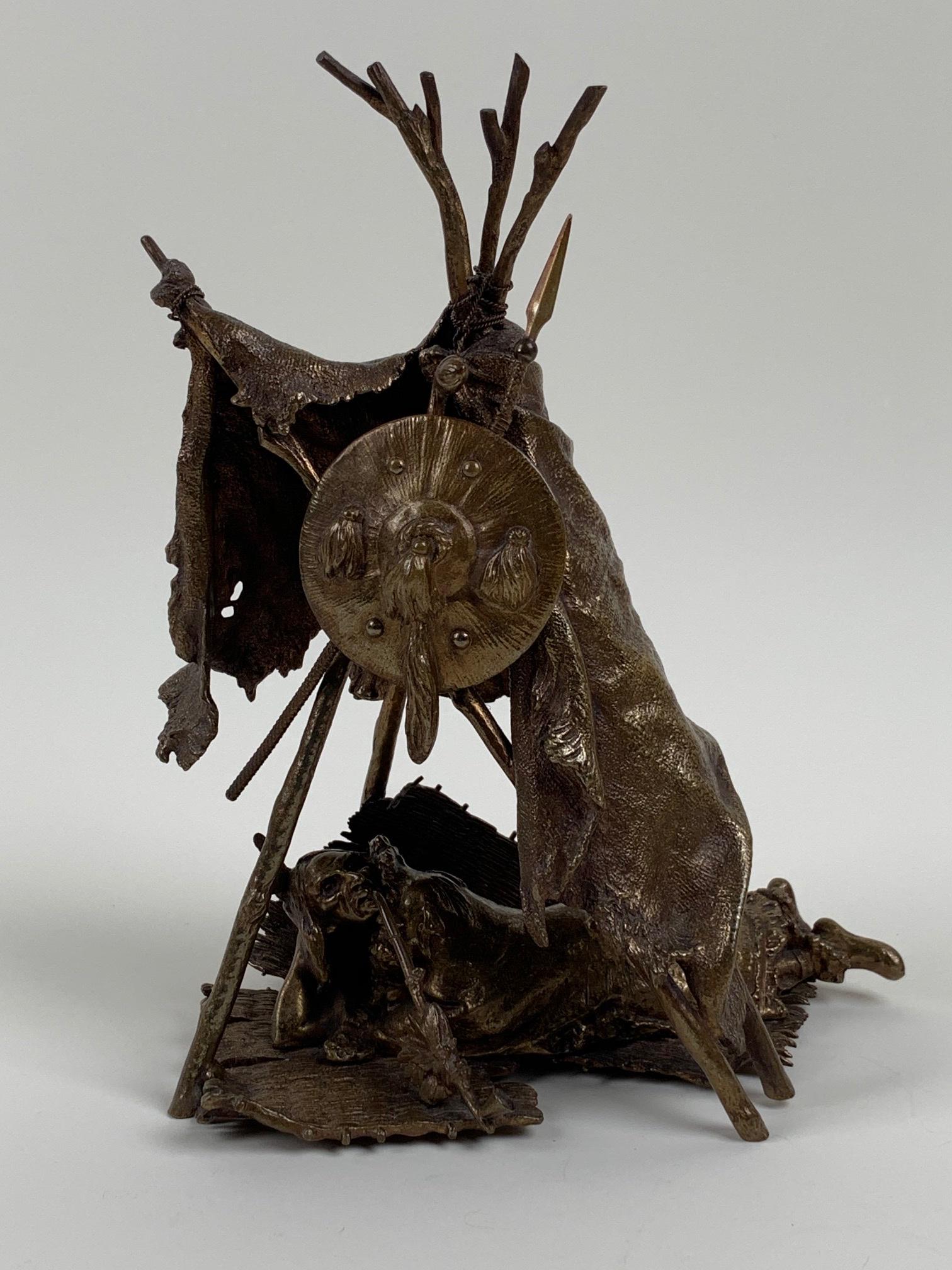 Bergman Austrian Bronze of American Indian: Austrian bronze of a Native American Indian smoking pipe in teepee. Signed on the bottom and also on the back of the teepee with both the Bergman foundry mark of B inside amphora and GESCHUTZT. Franz