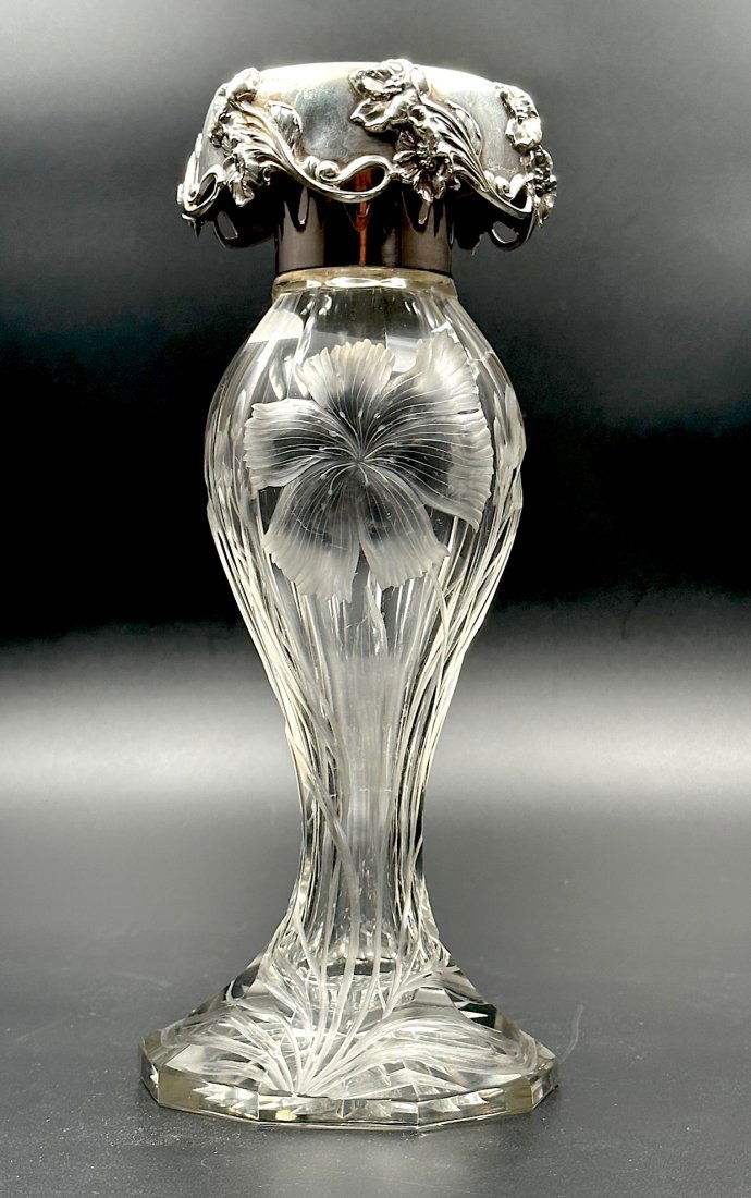Copper Wheel Engraved Glass Vase With Sterling Collar (1 of 6)