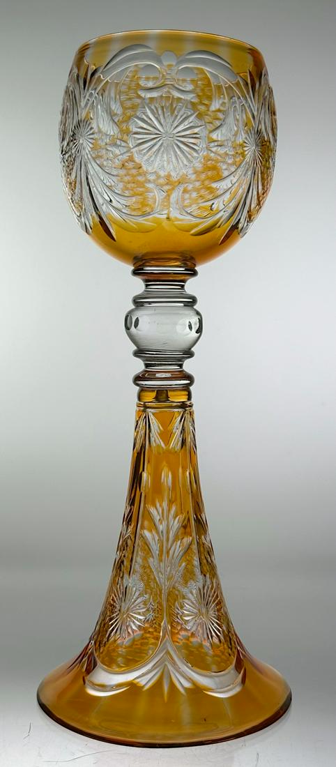 Stevens & Williams Hock Wine or Champagne Amber To Clear: Cut glass stem by Stevens & Williams with a very unique design and purpose. Standing on the pyramid shape bottom is it a wine glass. Turned upside down and sitting on the bowl it is a champagne flute.