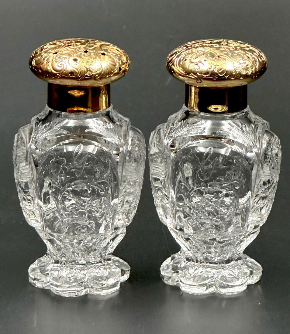 S & W Cut Glass Salt Pepper, Gary Set, Gorham 18k Gold Tops (1 of 8)