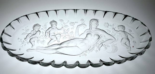 Fine Cut & Engraved Glass Tray Lobmeyr Artist A. Bischof: This is a fine cut and engraved glass tray from a master engraver who worked for the J. & L. Lobmeyr company. It is signed by the artist August Josef Bischof (August Bishop), 1889-1979, Bohemia. Some