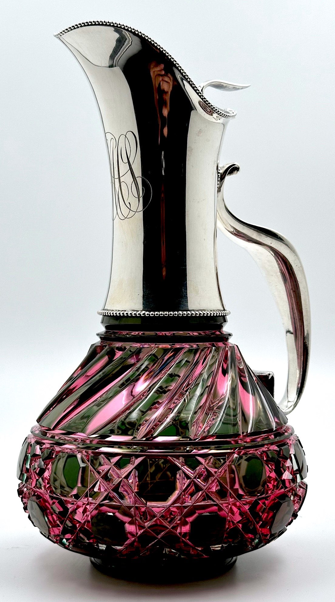 Ex Rare J. Hoare Cut Glass Ewer Green/Cranberry & Sterling (1 of 5)