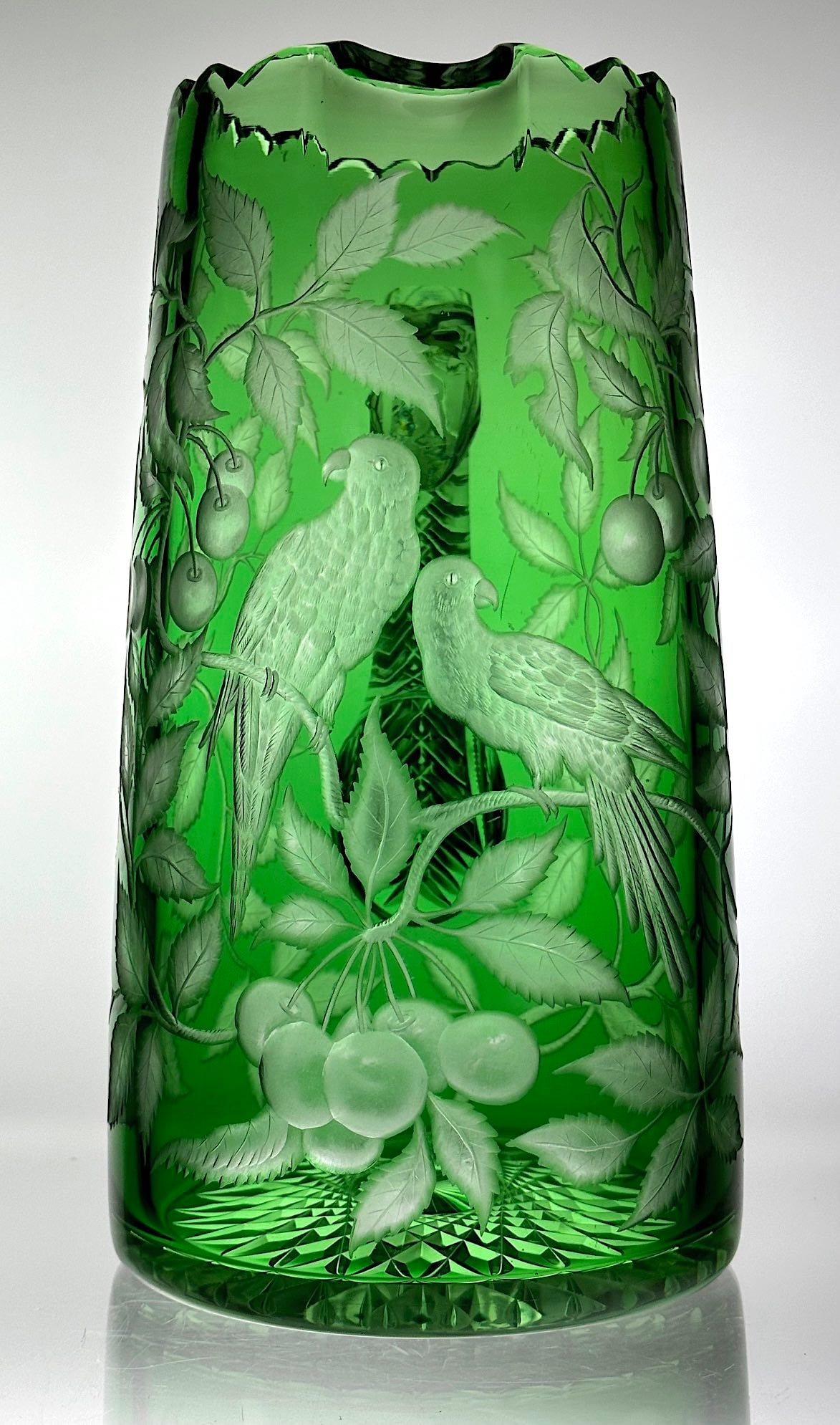 Green Cut To Clear Pitcher Cut & Engraved Love Birds (1 of 5)