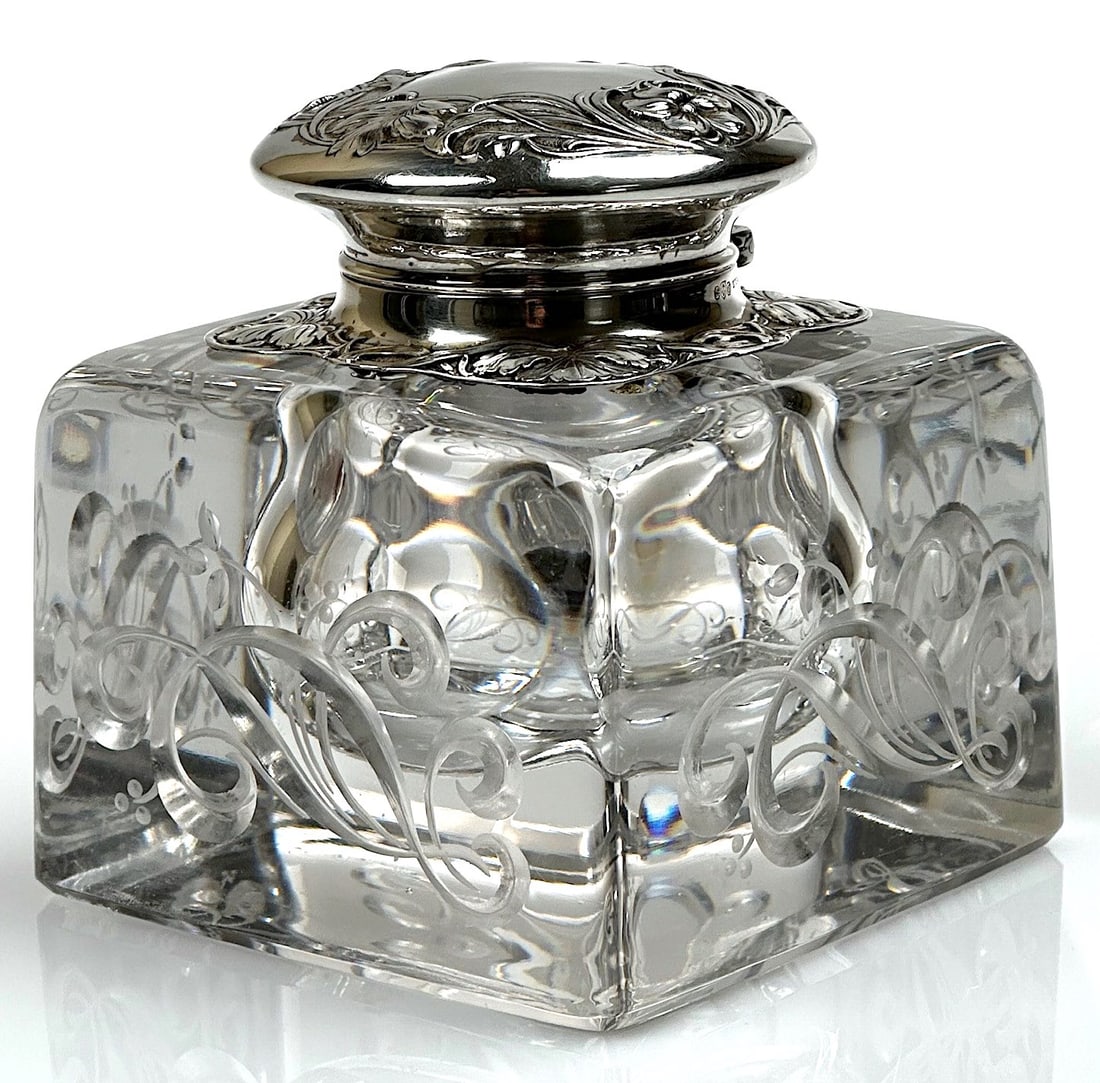 American Brilliant Cut Glass Inkwell Gorham Sterling Top (1 of 4)