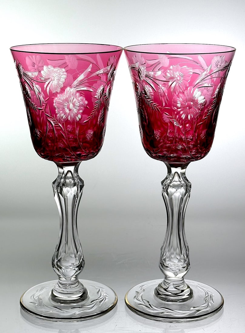 Pair St. Louis Cut Glass Red To Clear Hock Wines (1 of 3)