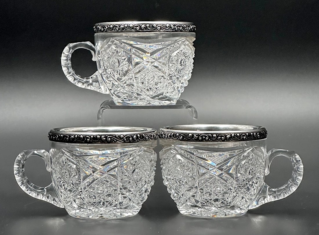 Dorflinger No. 99 Cut Glass 3 Punch Cups Gorham Sterling (1 of 3)