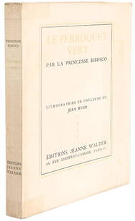 BIBESCO AND HUGO - Le perroquet vert 1929: BIBESCO, Princess Marthe. Le perroquet vert. Paris: Editions Jeanne Walter, 1929. Quarto. (10 3/8 x 8 inches). 219pp. 21 color lithographs by Jean Hugo. Publisher's printed paper wrappers. Number 70 o