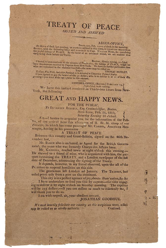 WAR OF 1812 - News of Peace Treaty, Broadside 1815 (1 of 1)