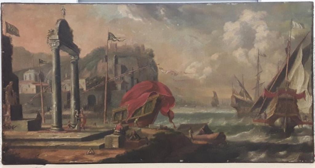 ART: 18TH CENTURY HARBOUR SCENE: Italian, possibly Impressive harbour scene with much activity including sailing ships in a rough sea, people working on the wharf and a couple standing below an arch. No apparent signature and unframe