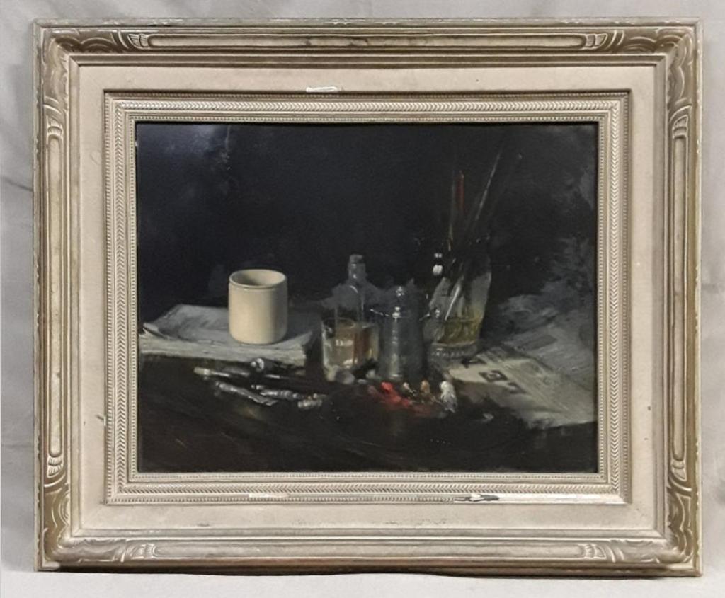 ART: 19TH CENTURY STILL LIFE: Possibly French or Quebecois Well-painted work, signed and dated 1893 "Artist's Table" OIl on canvas 18"h x 23.5"w