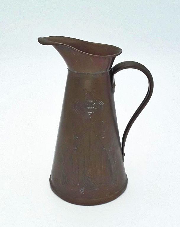 ART NOUVEAU COPPER PITCHER: English, late 19th early 20th century Sankey & Sons Hand made with a classic embossed curvilinear design to the side 7" x 3.5" x 5"