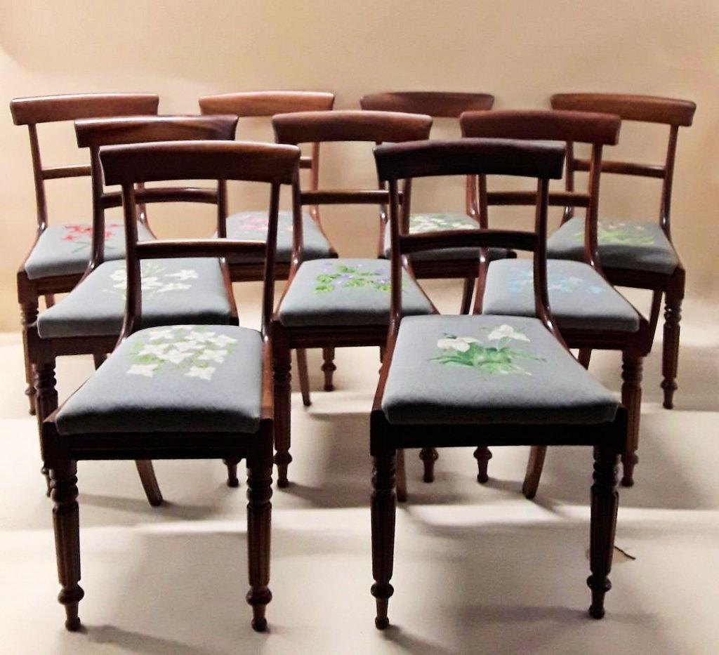 TEN MATCHING ANTIQUE AND VINTAGE CHAIRS: Mid 19th century and first half 20th century Mahogany with drop-in seats. 33.5" x 18" x 19" Provenance: Property of the late Senator Cairine Wilson, 1885 - 1962. First woman appointed to the Canadian 