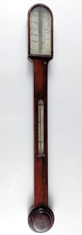 LATE 18TH CENTURY BAROMETER: English, late 18th century Mercury stick barometer, with thermometer retailed by Heath, Optician in Devenport 36.25" h x 4" w x 3" d Provenance: From the estate of a prominent Montreal collector who a