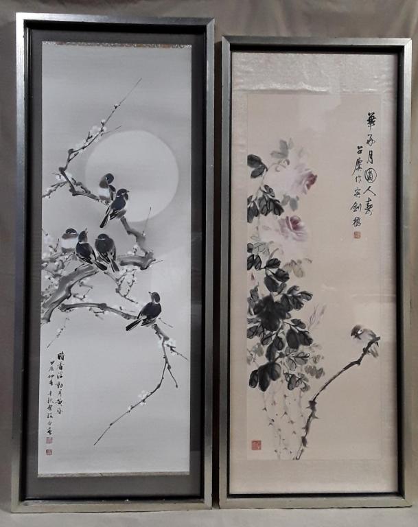 ART: CHINESE SCHOOL BIRD PAINTINGS: Chinese, 20th century Artist: Liu Fine pair of paintings on silk of birds on branches. 32" .x 11.75" and 36.25" x 12.5"; Provenance: Property of the late Senator Cairine Wilson, 1885 â€“ 1962. Fi