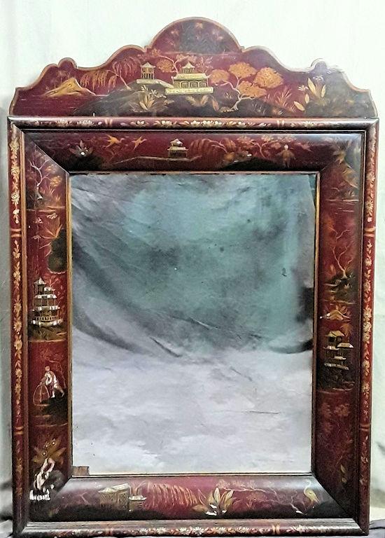 ASIAN OVERMANTEL MIRROR: Probably Chinese, circa 1920s - 1930s Hand painted pagodas, cranes and palm trees 47.5" x 43" Provenance: Property of the late Senator Cairine Wilson, 1885 - 1962. First woman appointed to the Canadia
