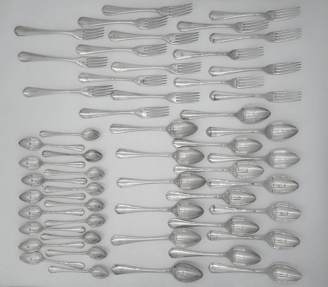 CHRISTOFLE FLATWARE FOR EIGHTEEN: France first half 20th century Maker: Christofle Good quality silver plated flatware comprising 18 dinner forks, 18 dinner/table spoons, and 18 teaspoons