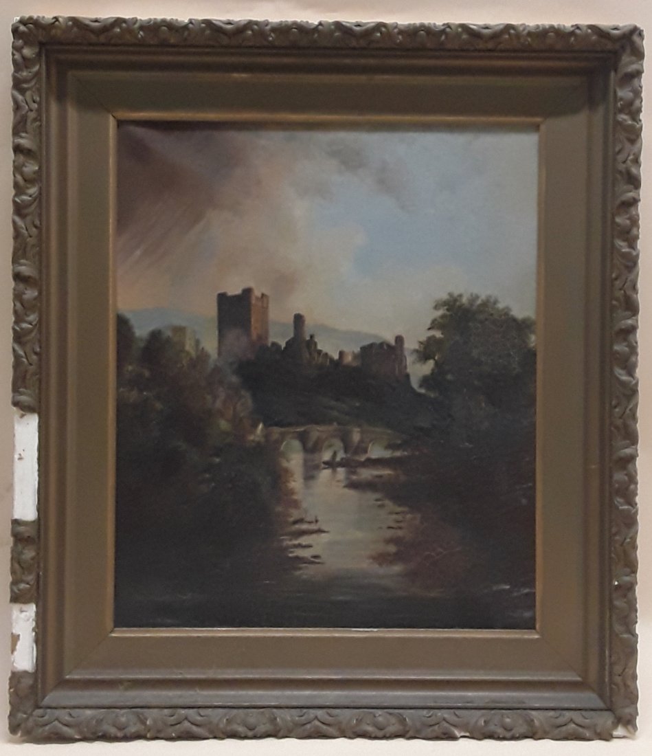19TH CENTURY BRITISH SCHOOL: Unsigned "Castle Ruins" Oil on canvas 24" x 20"