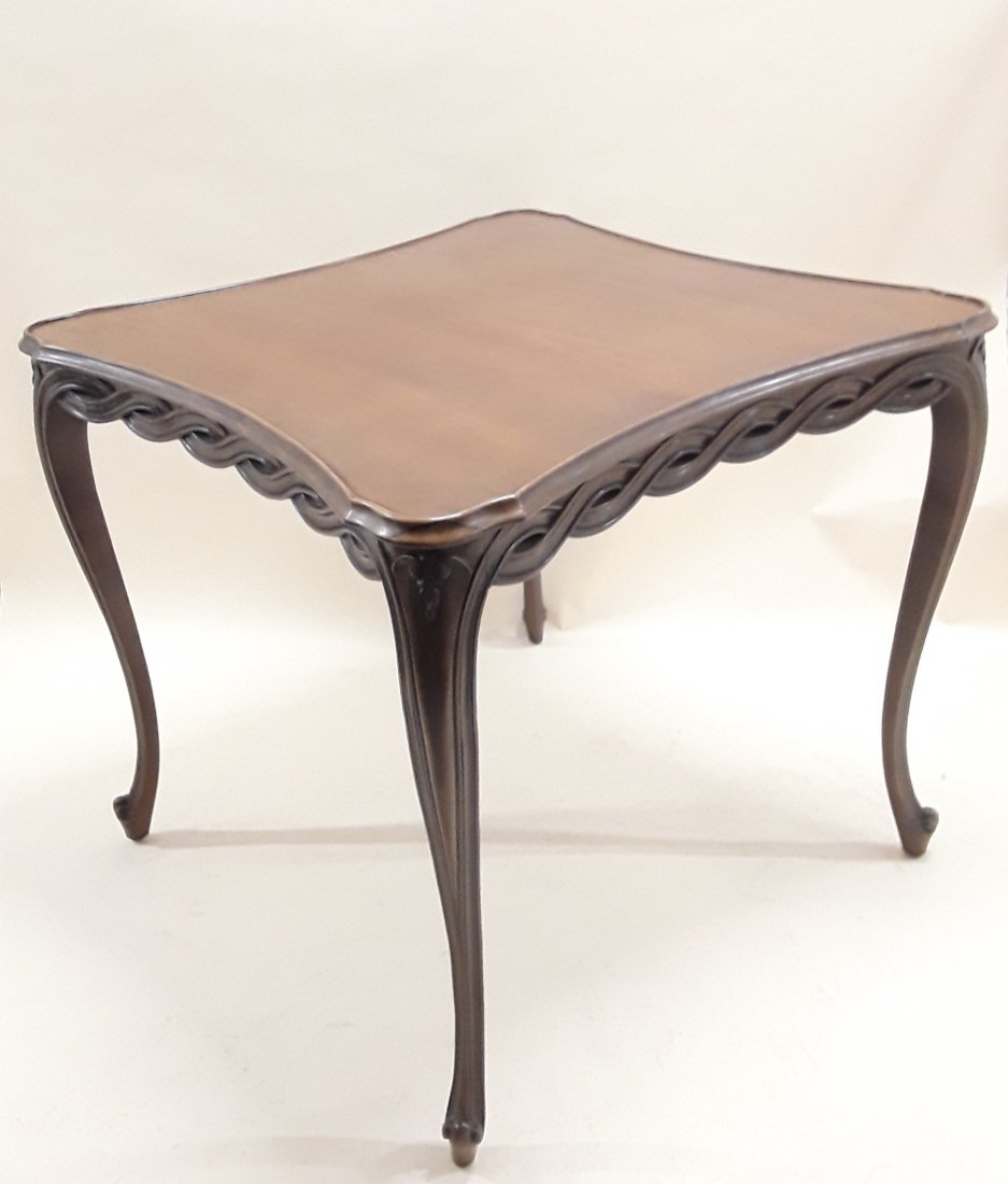 FRENCH PROVINCIAL STYLE TABLE: Mid 20th century Games table with glass top Carved knees, cabriole legs and upward scroll feet. 30" x 32" x 32"