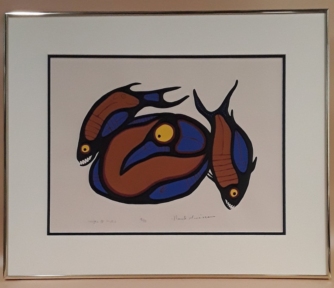 NORVAL MORRISSEAU Signed Print: Canadian, 1931 - 2007 "Images of Myths" Bright strong colours Signed and titled in pencil - edition 18/58 14" h x 19"w