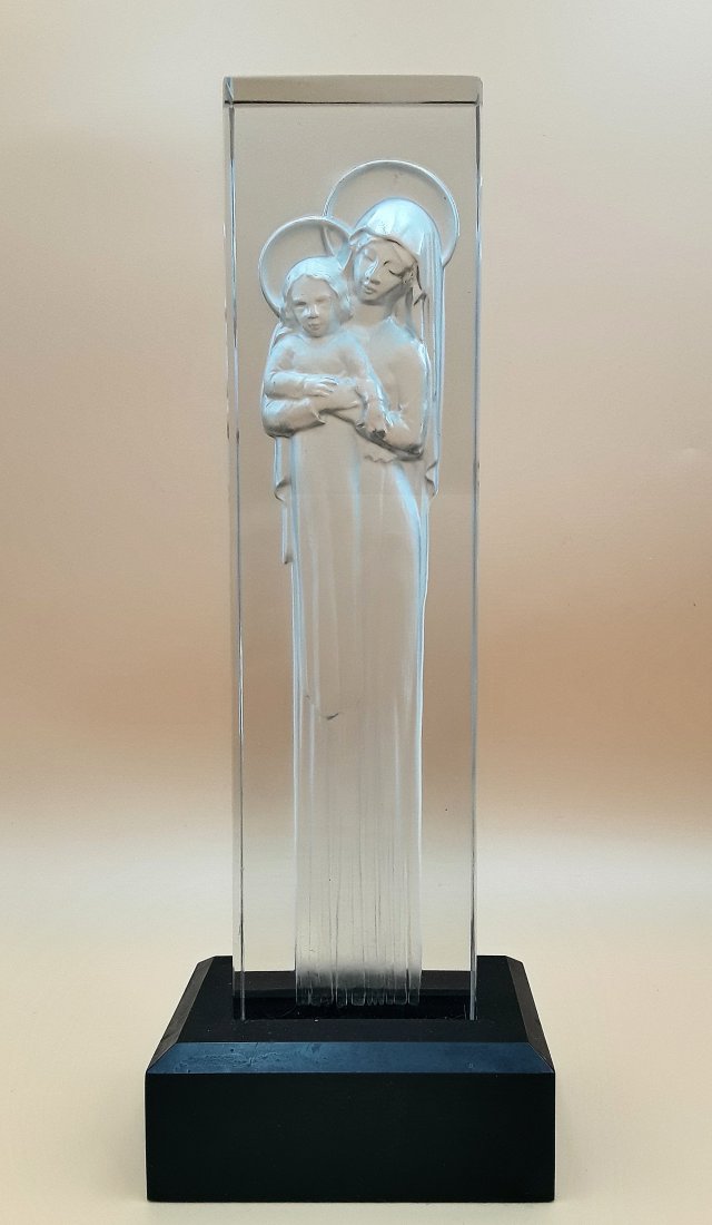 VINTAGE LALIQUE CRYSTAL - VIRGIN AND CHILD: Lalique crystal, model created in the 1930s Tall rectangular crystal sculpture with moulded and frosted figures in the glass. Signed Lalique, France 15" h x 5.25" w x 3.5" d including base
